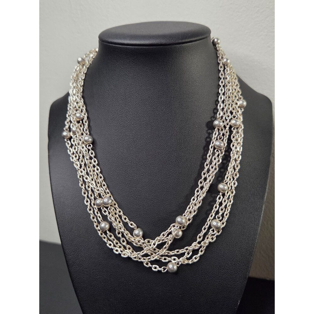 Chain and Bead Multi Strand Silver Tone Necklace